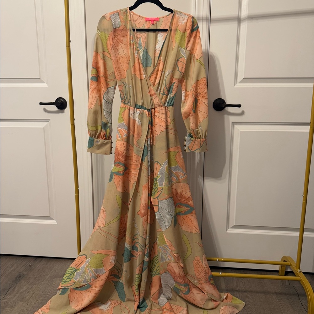Xtaren Orange and Green Plunge Maxi Gown